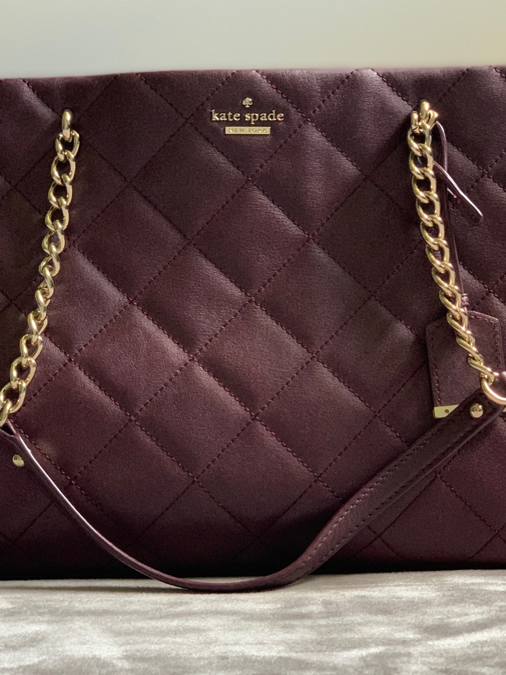 kate spade Quilted Shoulder Tote in Plum with Gold Chain